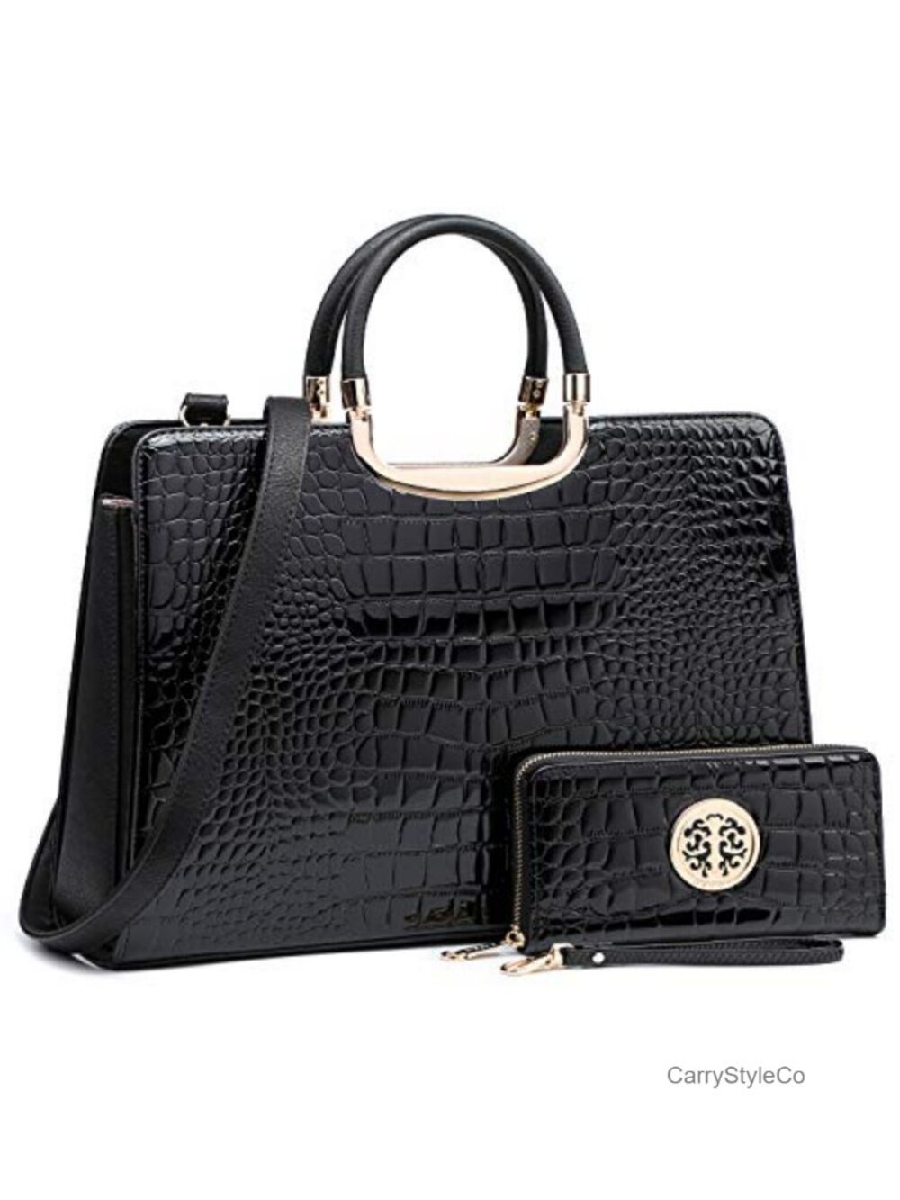 Vegan PU Leather Satchel Handbag with Matching Wallet Top Handle Shoulder Tote